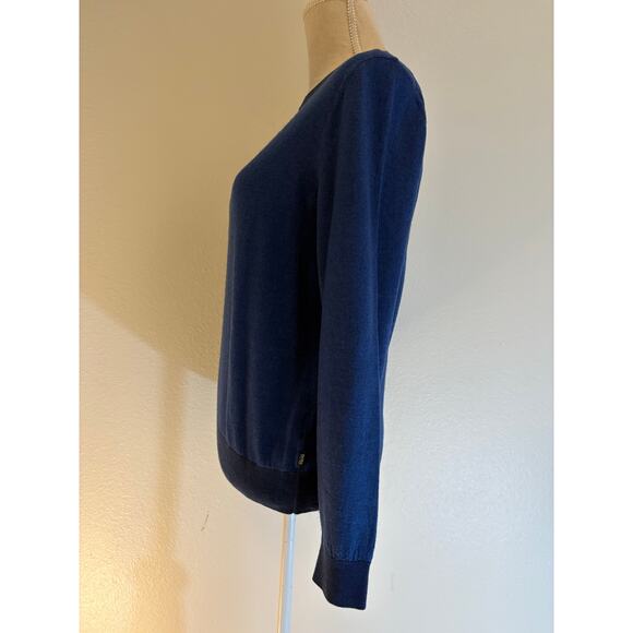 HUGO BOSS Sweater | Dark Blue Wool Silk Crewneck Regular Fit Eurochic | MEDIUM - Picture 4 of 8
